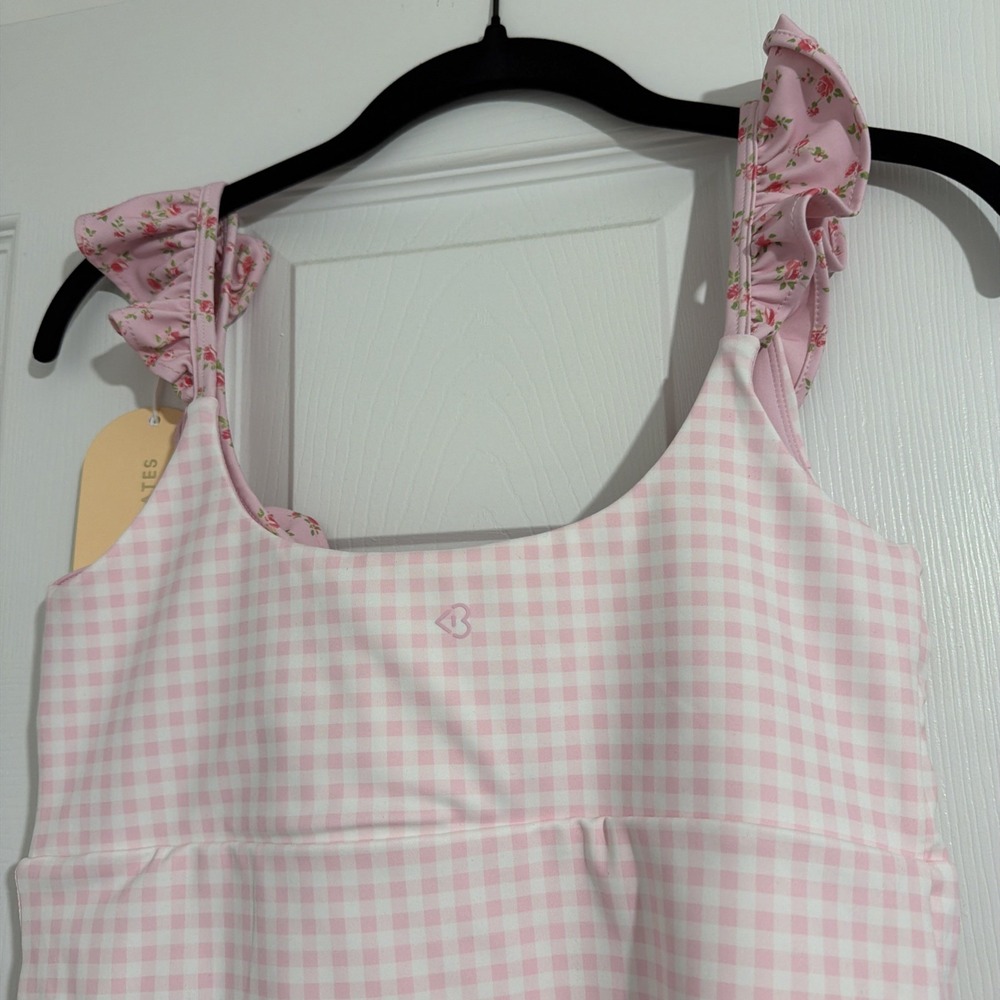 Blogilates Ruffle Lace Up Tank Pink Gingham Floral Activewear Top Medium NWT - Picture 8 of 8